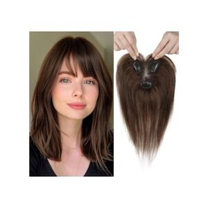 100% Real Human Hair Topper 10" Clip in Bangs Medium Brown Wig Natural Everyday